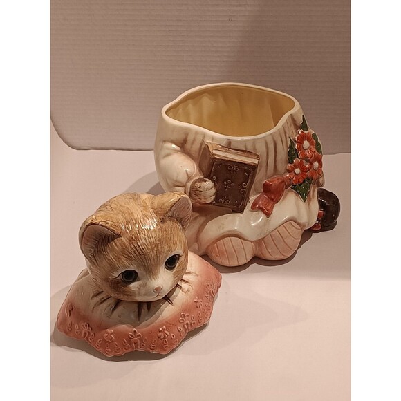 Vintage Ceramic Cookie Jar 12" Kitty Cat in a Dress With Book & Flowers Japan - Picture 5 of 8